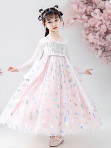 女孩花卉刺繡網紗覆蓋中國連衣裙 - 淺粉色 - 查看 1