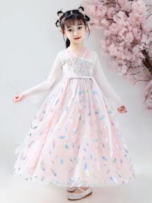 女孩花卉刺繡網紗覆蓋中國連衣裙 - 淺粉色 - 查看 3