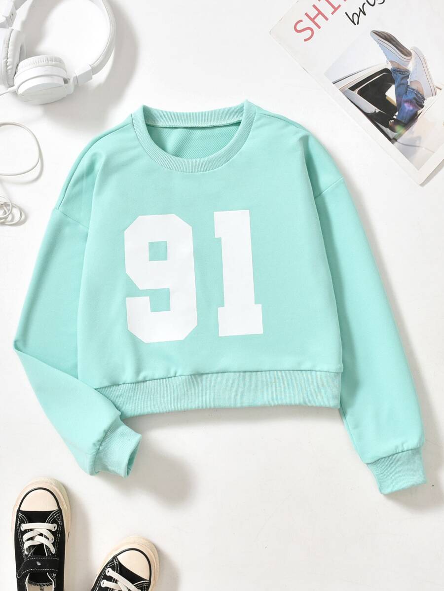 Girls Number Print Crop Sweatshirt - Mint Green - View 1