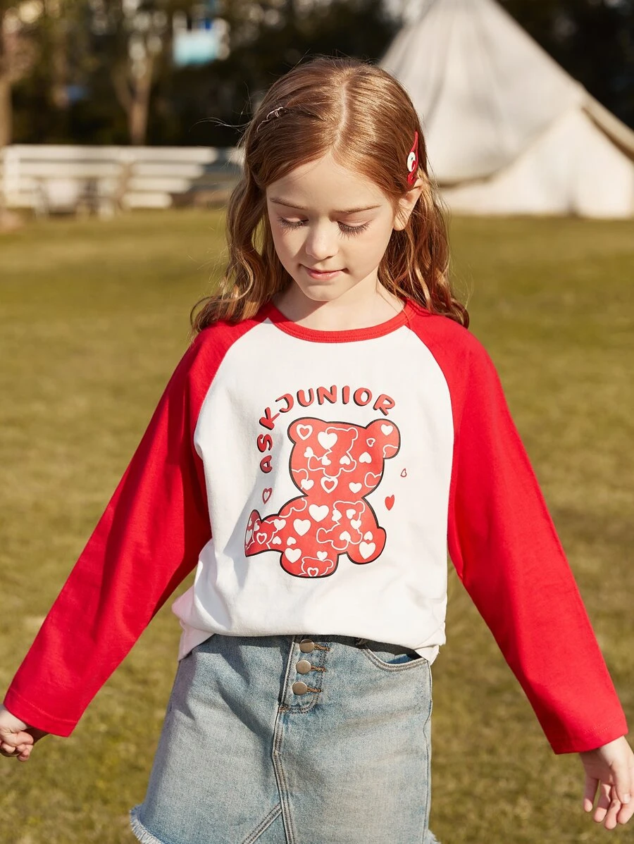 Cô gái Tween Chữ cái & Đồ họa hoạt hình Tay Raglan Áo thun - Đỏ và trắng - Xem 1