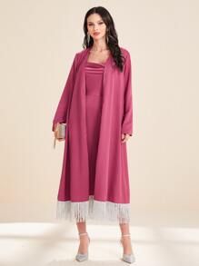 Al Najma Fringe Hem Cami Dress & Open Front Coat - Red Violet - View 1