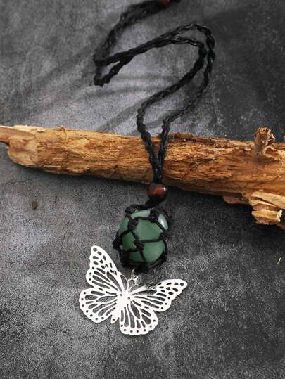 Stone & Butterfly Pendant Necklace