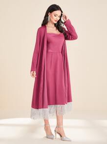 Al Najma Fringe Hem Cami Dress & Open Front Coat - Red Violet - View 4