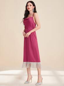 Al Najma Fringe Hem Cami Dress & Open Front Coat - Red Violet - View 5