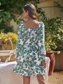 SHEIN VCAY Allover Floral Print Flounce Sleeve Shirred Bust Ruffle Hem Dress - White - View 5
