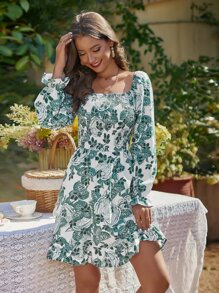 SHEIN VCAY Allover Floral Print Flounce Sleeve Shirred Bust Ruffle Hem Dress - White - View 1