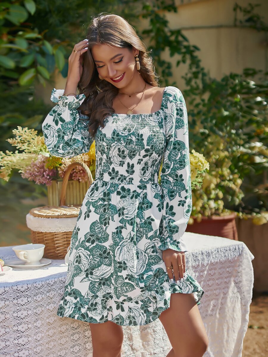 SHEIN VCAY Allover Floral Print Flounce Sleeve Shirred Bust Ruffle Hem Dress - White - View 1