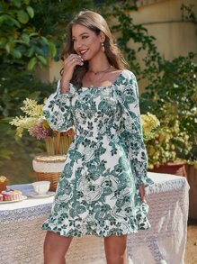 SHEIN VCAY Allover Floral Print Flounce Sleeve Shirred Bust Ruffle Hem Dress - White - View 2
