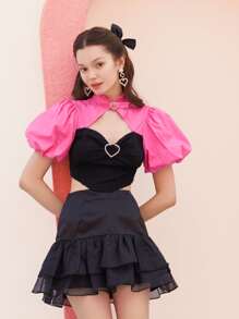 SHEIN MOD Blusa de color combinado con abertura delantera de manga farol - Multicolor - Ver 4