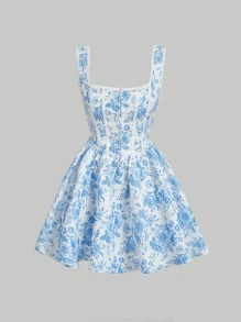 SHEIN MOD Floral Print Square Neck Dress - Blue and White - View 2