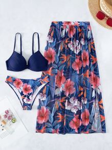 Tropical Print Push Up Summer Beach Bikini Set With Beach Skirt - Multicolor - View 4