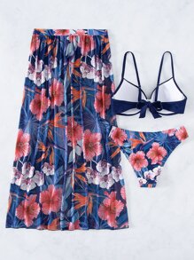 Tropical Print Push Up Summer Beach Bikini Set With Beach Skirt - Multicolor - View 5