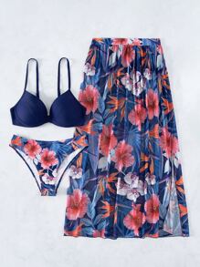 Tropical Print Push Up Summer Beach Bikini Set With Beach Skirt - Multicolor - View 6