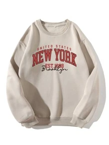 SHEIN EZwear Letter Graphic Thermal Pullover - Apricot - View 1