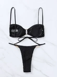 SHEIN Swim Smocked Bikini Set Ring Linked Wireless Bra Top & Thong 2 Pieces Bikini,Summer Beach - Black - View 2