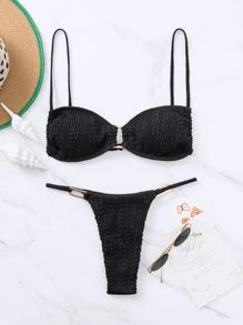 SHEIN Swim Smocked Bikini Set Ring Linked Wireless Bra Top & Thong 2 Pieces Bikini,Summer Beach - Black - View 3