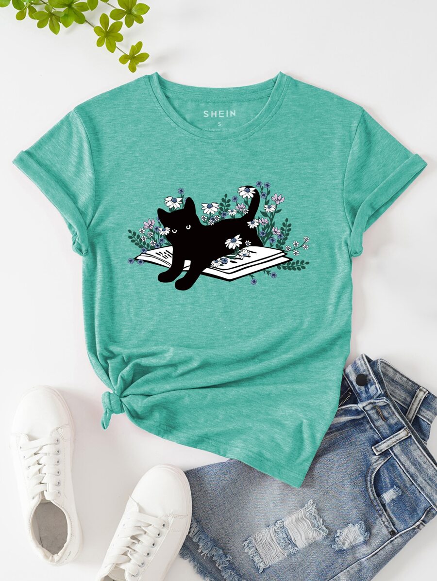SHEIN Essnce Cat & Floral Print Tee - Mint Green - View 1