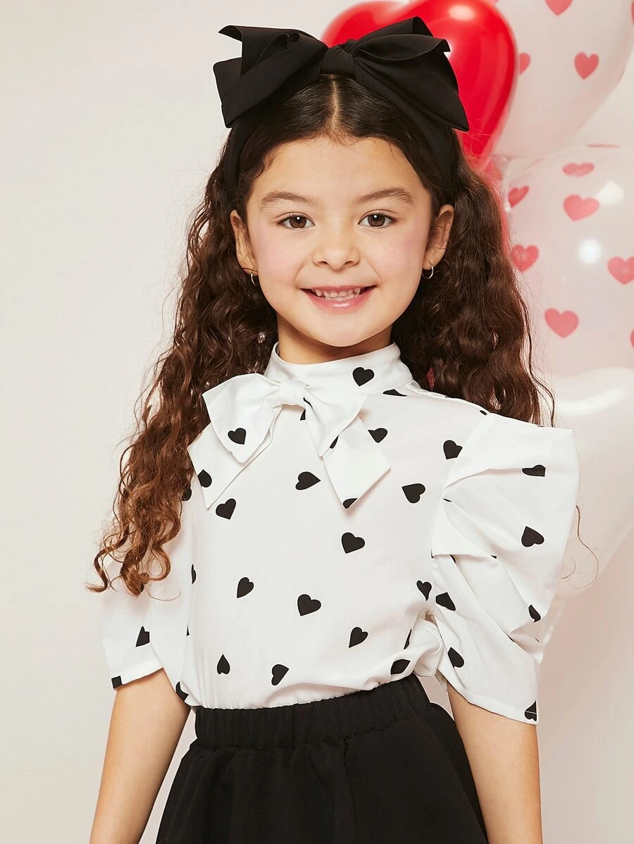 SHEIN Girls Heart Print Bow Front Puff Sleeve Blouse - Black and White - View 1
