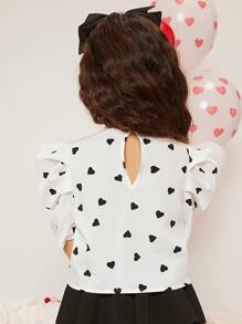 SHEIN Girls Heart Print Bow Front Puff Sleeve Blouse - Black and White - View 2