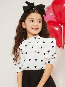 SHEIN Girls Heart Print Bow Front Puff Sleeve Blouse - Black and White - View 3