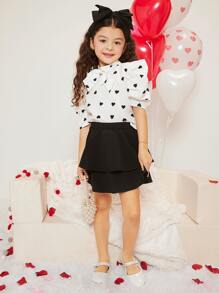SHEIN Girls Heart Print Bow Front Puff Sleeve Blouse - Black and White - View 4