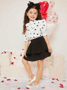 SHEIN Girls Heart Print Bow Front Puff Sleeve Blouse - Black and White - View 6