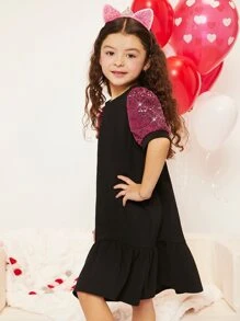 SHEIN Chicas Vestido con lentejuela en contraste de manga farol bajo con fruncido - Negro - Ver 1