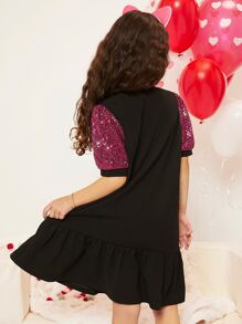 SHEIN Chicas Vestido con lentejuela en contraste de manga farol bajo con fruncido - Negro - Ver 2