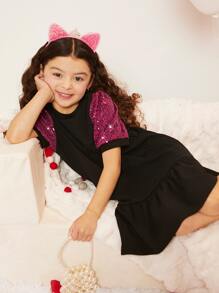 SHEIN Chicas Vestido con lentejuela en contraste de manga farol bajo con fruncido - Negro - Ver 4
