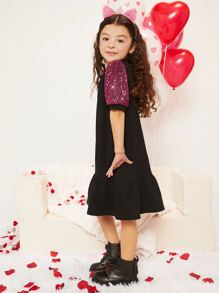 SHEIN Chicas Vestido con lentejuela en contraste de manga farol bajo con fruncido - Negro - Ver 5
