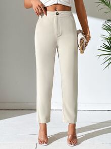 SHEIN PETITE Quần dài cài nút phía trước màu trơn mặc hàng ngày cho nữ - Màu Khaki - Xem 3