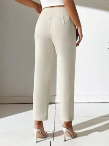 SHEIN PETITE Quần dài cài nút phía trước màu trơn mặc hàng ngày cho nữ - Màu Khaki - Xem 2