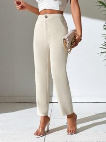 SHEIN PETITE Quần dài cài nút phía trước màu trơn mặc hàng ngày cho nữ - Màu Khaki - Xem 4