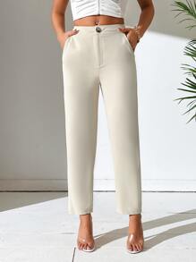 SHEIN PETITE Quần dài cài nút phía trước màu trơn mặc hàng ngày cho nữ - Màu Khaki - Xem 5