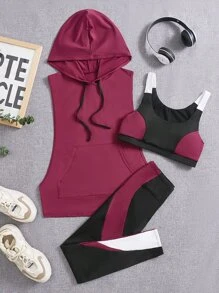 Easithlete 3pcs Colourblock Running Set Workout Suit Drawstring Hooded Tank & Strap Bra & Leggings - Multicolor - View 1