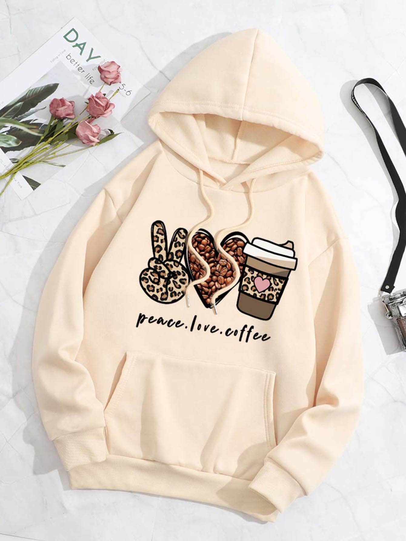 SHEIN LUNE Coffee And Letter Graphic Drawstring Thermal Lined Hoodie - Apricot - View 1