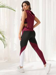 Easithlete 3pcs Colourblock Running Set Workout Suit Drawstring Hooded Tank & Strap Bra & Leggings - Multicolor - View 3