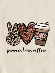 SHEIN LUNE Coffee And Letter Graphic Drawstring Thermal Lined Hoodie - Apricot - View 6