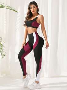 Easithlete 3pcs Colourblock Running Set Workout Suit Drawstring Hooded Tank & Strap Bra & Leggings - Multicolor - View 5