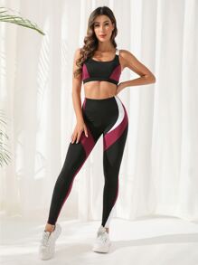 Easithlete 3pcs Colourblock Running Set Workout Suit Drawstring Hooded Tank & Strap Bra & Leggings - Multicolor - View 6