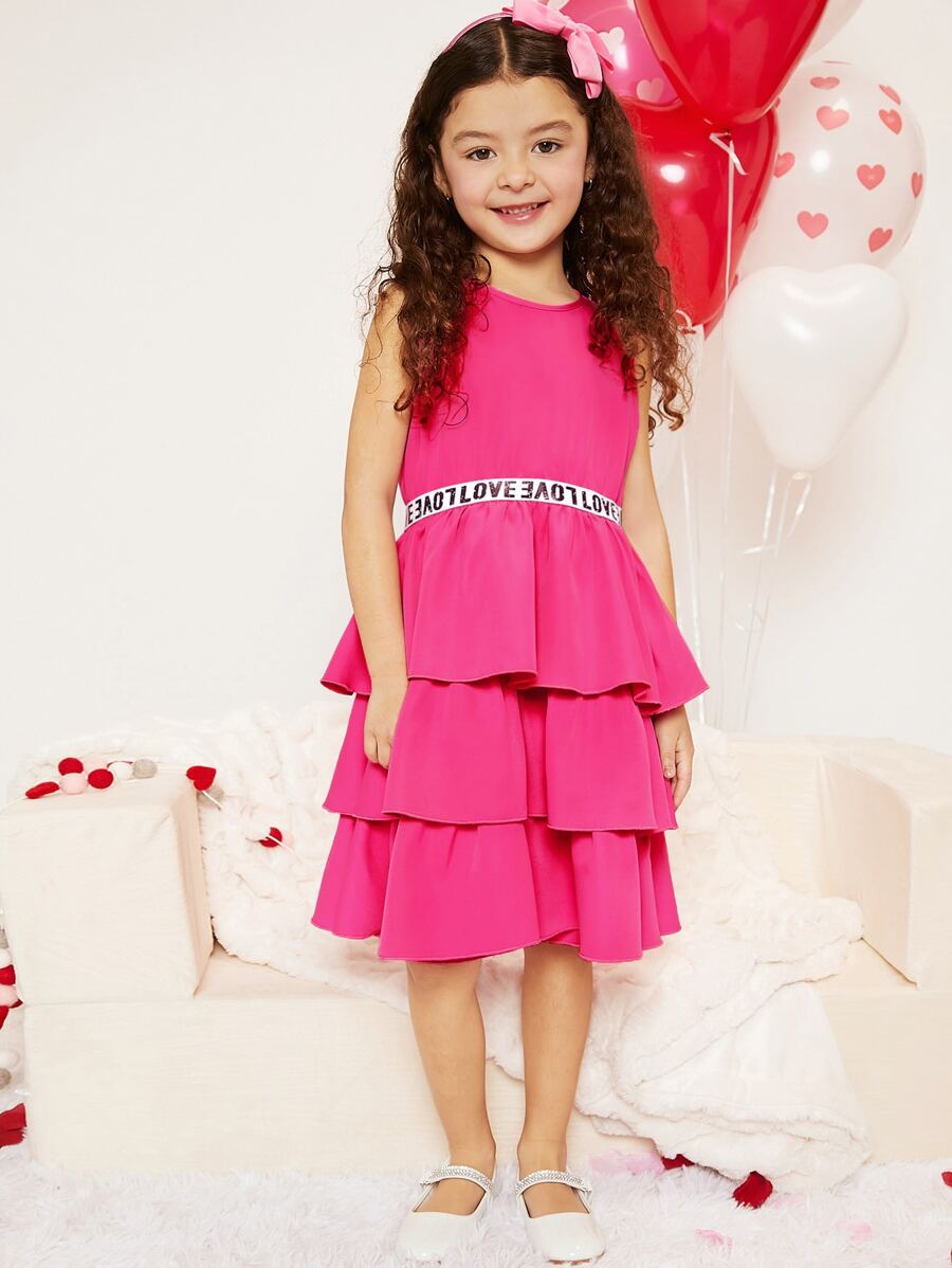 SHEIN Girls Letter Tape Layer Ruffle Hem Dress - Hot Pink - View 1