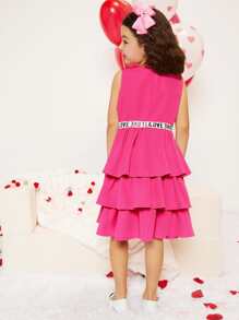 SHEIN Girls Letter Tape Layer Ruffle Hem Dress - Hot Pink - View 3