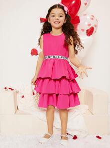 SHEIN Girls Letter Tape Layer Ruffle Hem Dress - Hot Pink - View 2