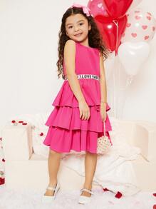 SHEIN Girls Letter Tape Layer Ruffle Hem Dress - Hot Pink - View 4