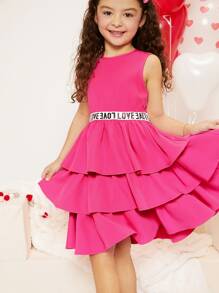 SHEIN Girls Letter Tape Layer Ruffle Hem Dress - Hot Pink - View 5