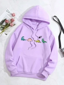 SHEIN EZwear Dinosaur Print Thermal Lined Drawstring Hoodie - Lilac Purple - View 1