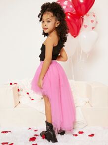 SHEIN 年轻女孩 1 件高低下摆网眼裙热粉色裙子