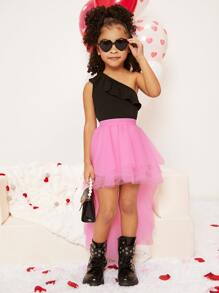 SHEIN 年轻女孩 1 件高低下摆网眼裙热粉色裙子