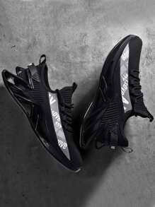 Men Letter Detail Lace-up Front Running Shoes - Black - View 1