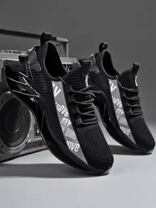 Men Letter Detail Lace-up Front Running Shoes - Black - View 2